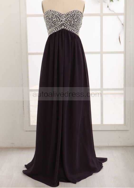 Strapless Sweetheart Purple Chiffon Crystals Prom Dress